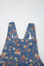 Blue Vintage Rose Printed Loose Denim Overall Jumpsuit
