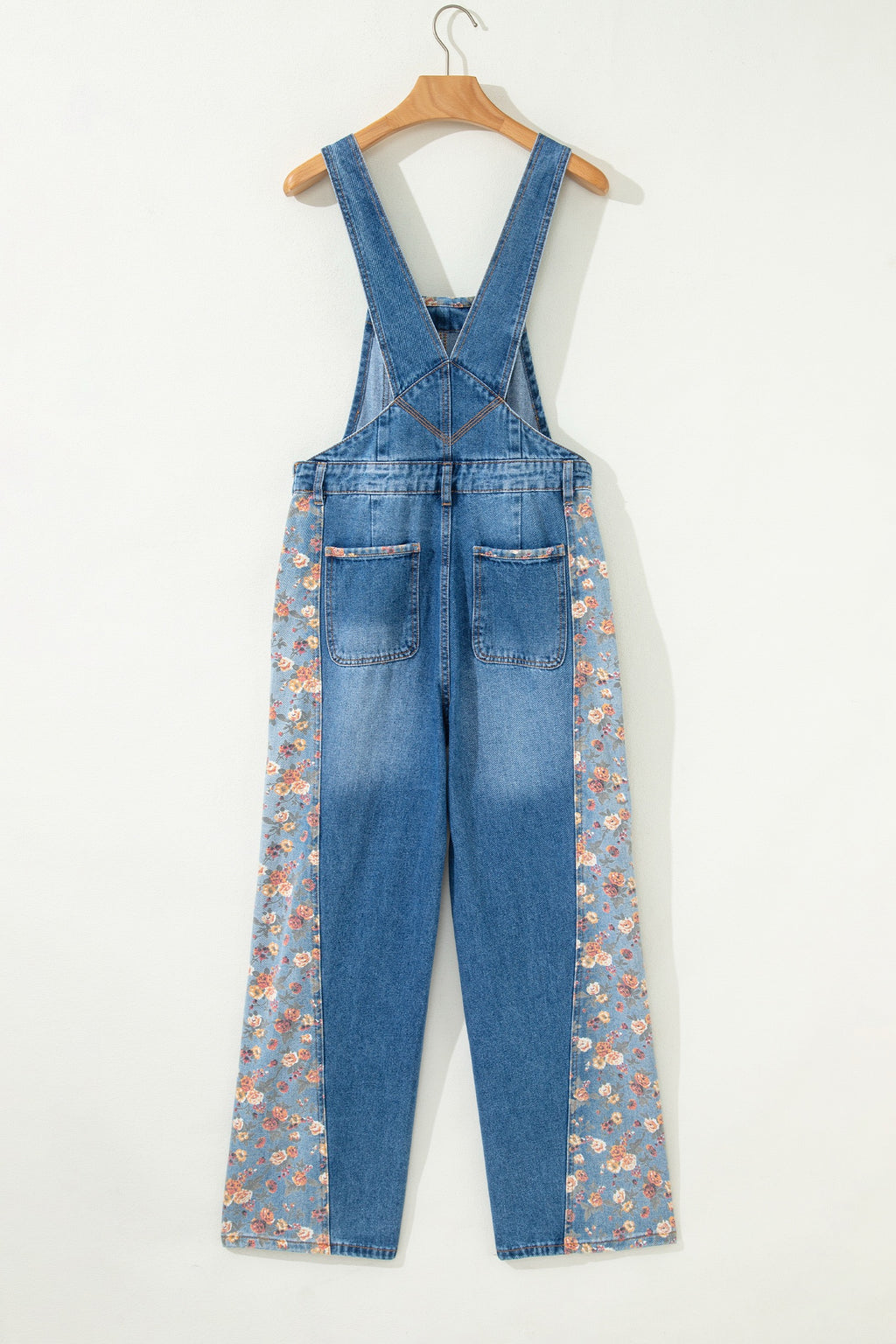 Peacock Blue Floral Patchwork Bib Denim Wide-Leg Overalls