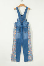 Peacock Blue Floral Patchwork Bib Denim Wide-Leg Overalls