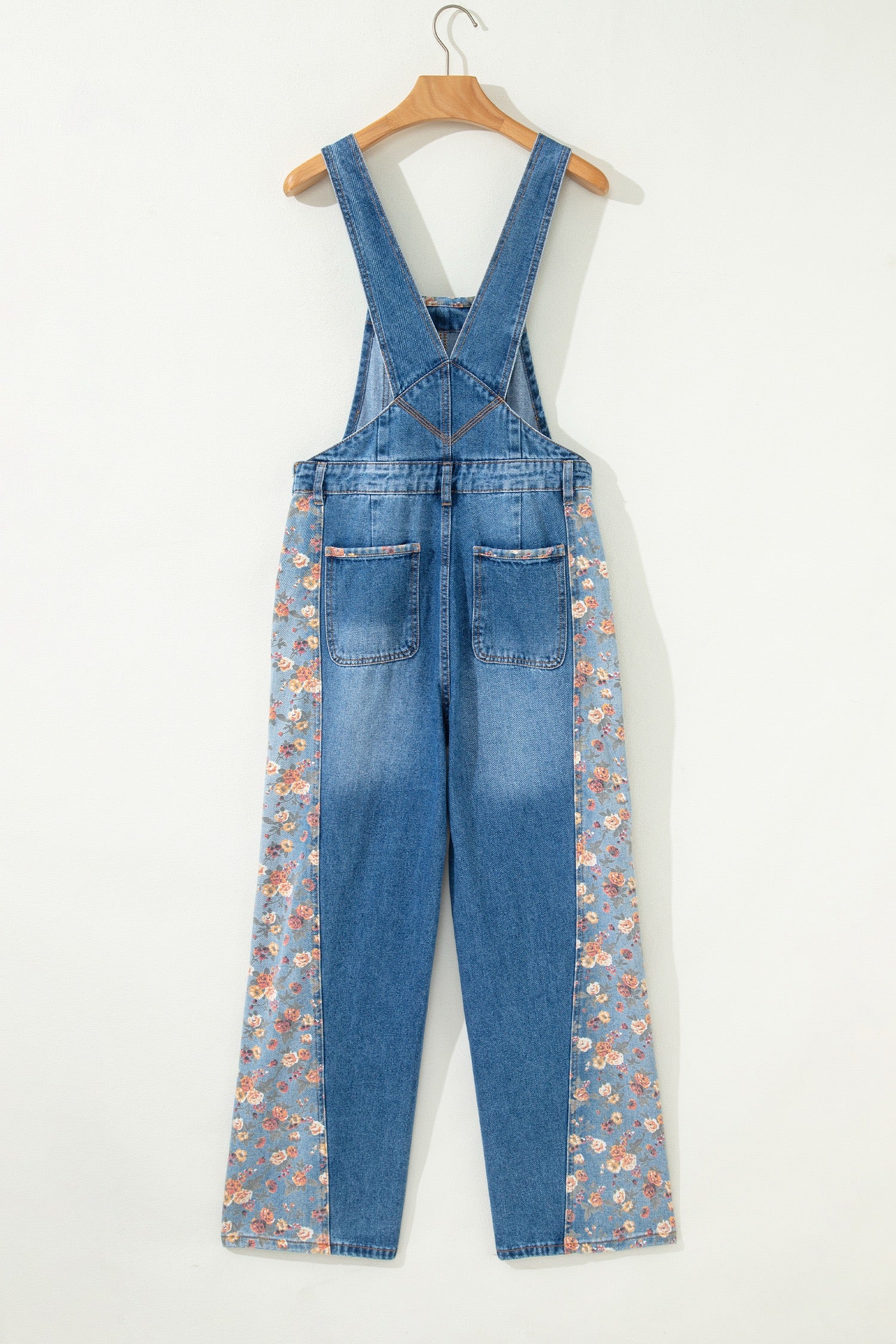 Peacock Blue Floral Patchwork Bib Denim Wide-Leg Overalls