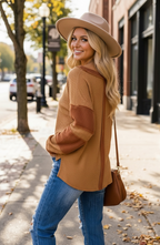 Orange Contrast Patched Exposed Seam Waffle Knit Henley Top
