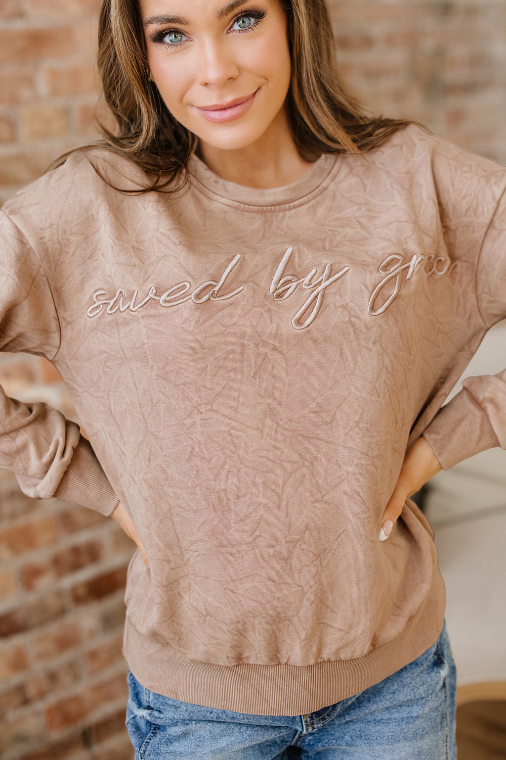 Saved by Grace Letter Embroidery Mineral Wash Sweatshirt