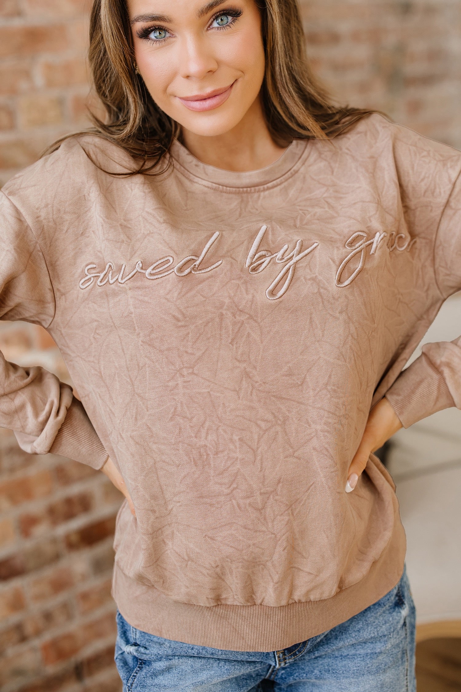 Saved by Grace Letter Embroidery Mineral Wash Sweatshirt