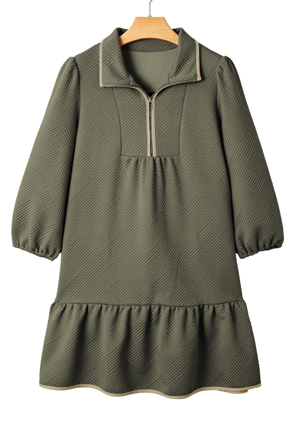 Jungle Green Quarter Zip Collar Bracelet Sleeve Textured Mini Dress