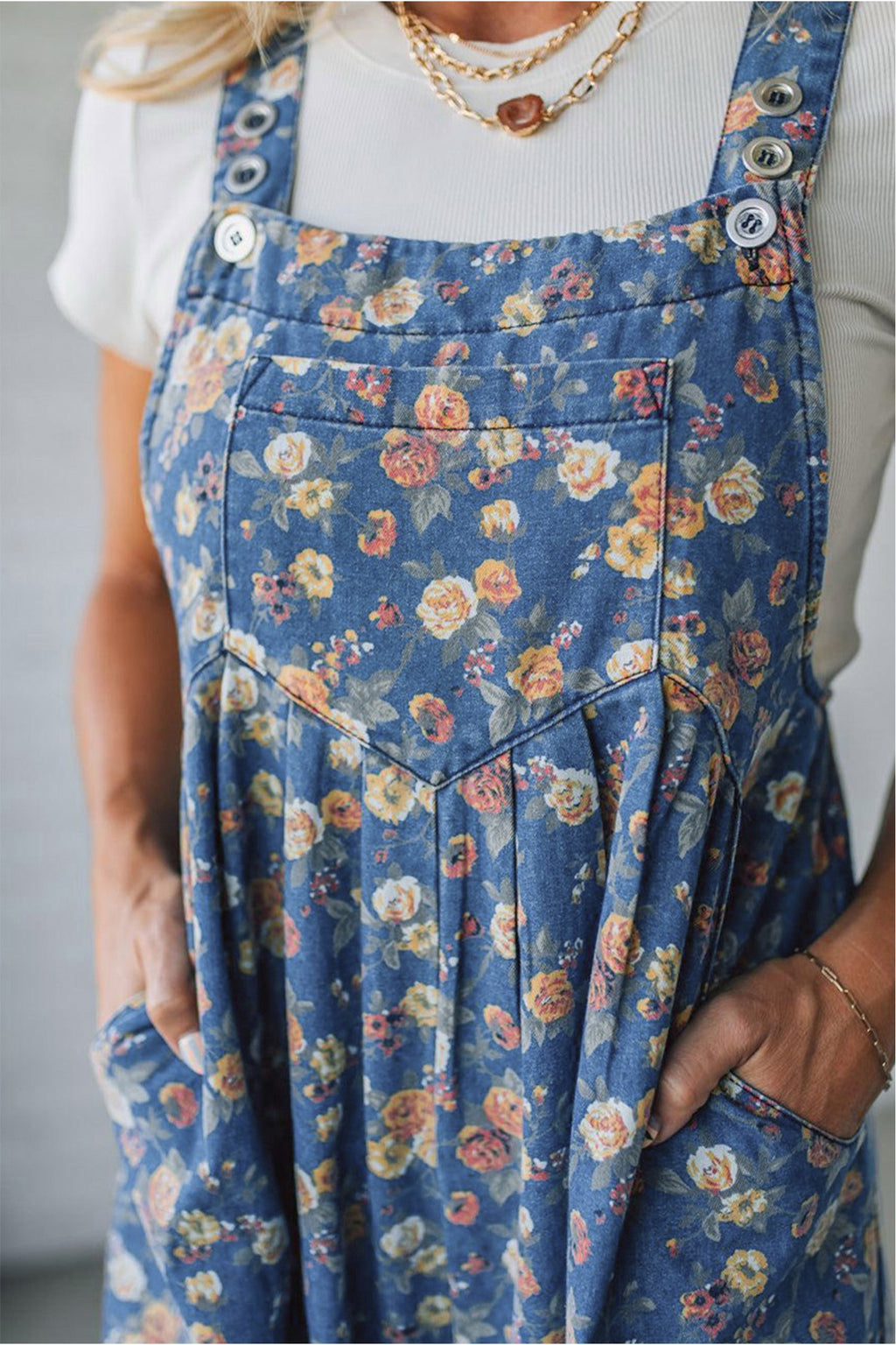 Blue Vintage Rose Printed Loose Denim Overall Jumpsuit