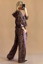 Brown Leopard Print Contrast Striped Detail Long Sleeve Top Pant Set
