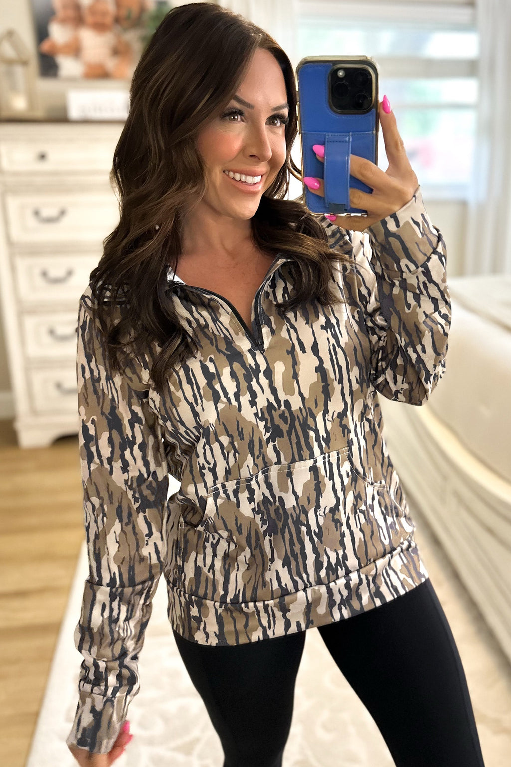 Brown Camo Zip-Up Pullover Top
