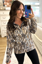 Brown Camo Zip-Up Pullover Top