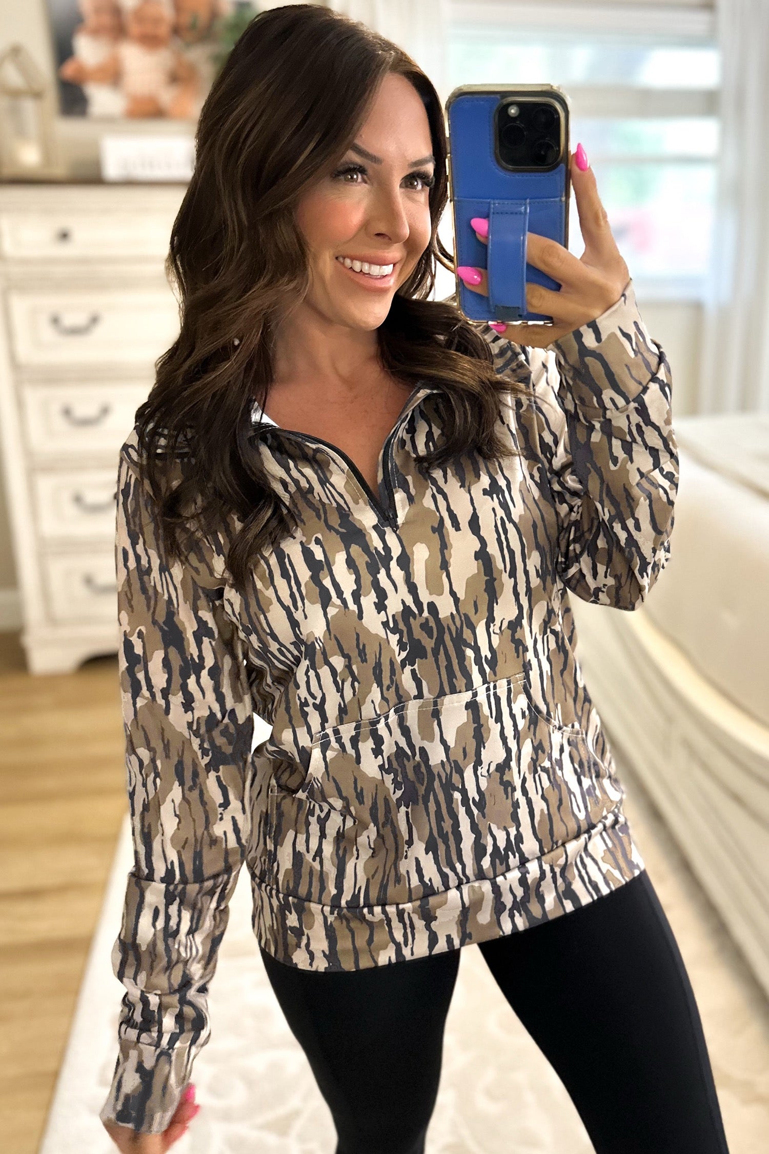 Brown Camo Zip-Up Pullover Top