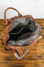 Camel Embroidered Strap Attached Large PU Leather Backpacki