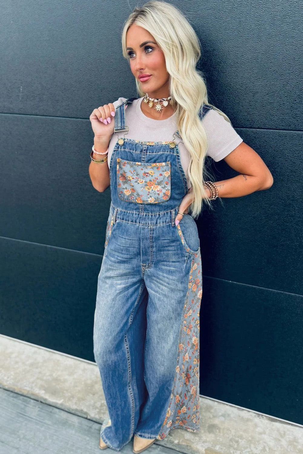 Peacock Blue Floral Patchwork Bib Denim Wide-Leg Overalls