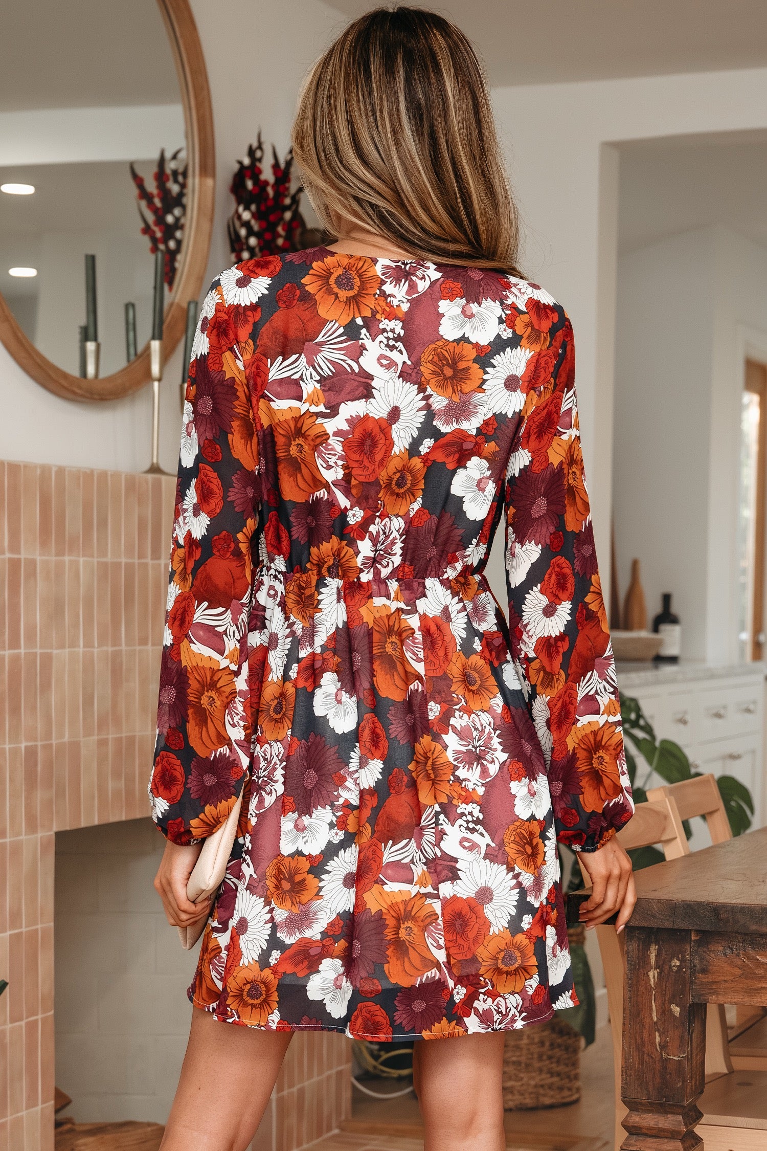 Red Floral Print Wrap V Neck Puff Sleeve Flowy Mini Dress Za