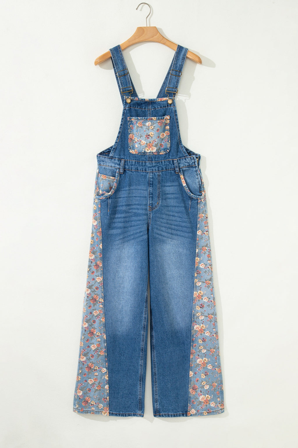 Peacock Blue Floral Patchwork Bib Denim Wide-Leg Overalls