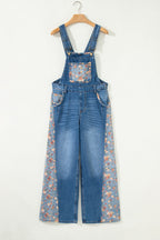 Peacock Blue Floral Patchwork Bib Denim Wide-Leg Overalls