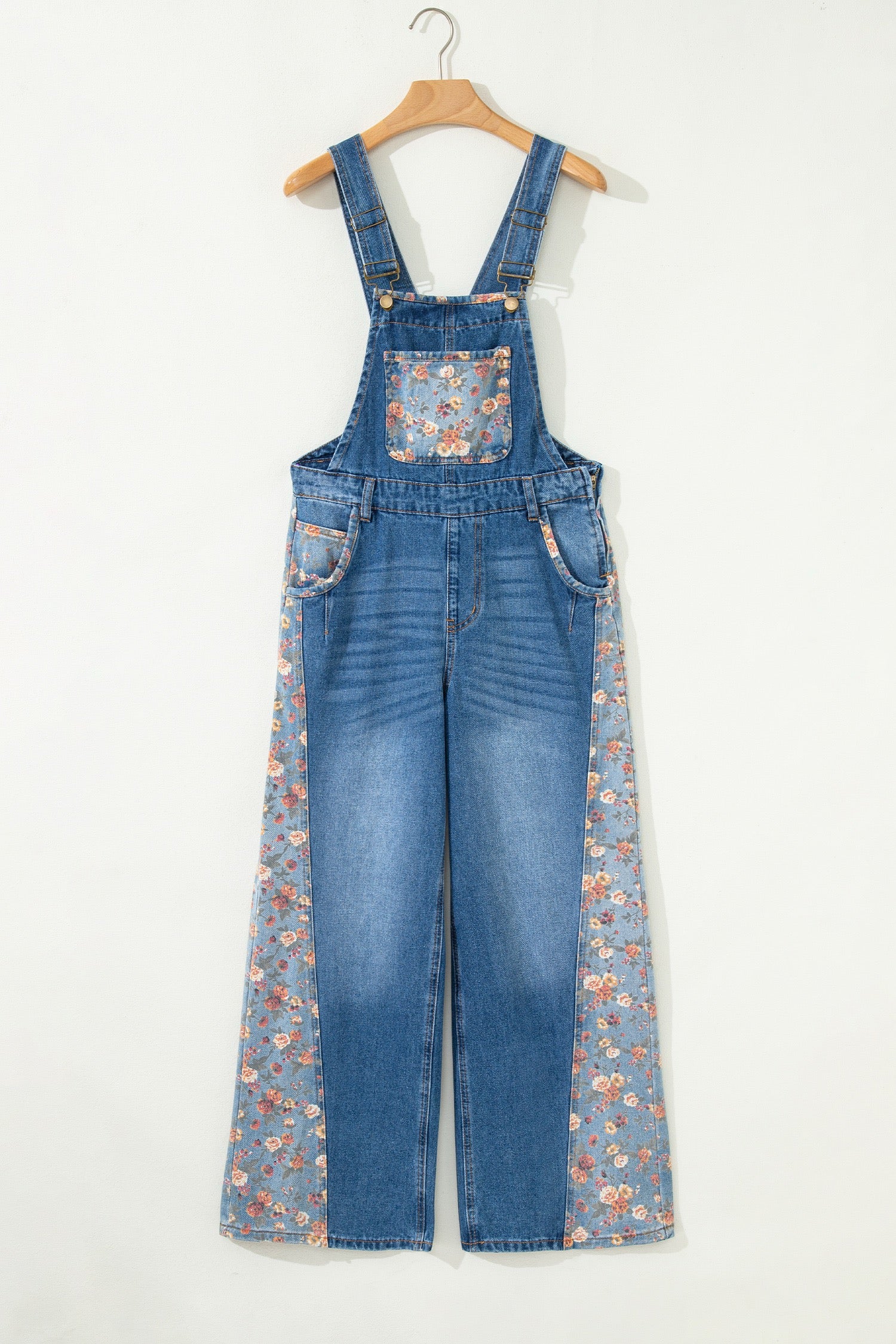 Peacock Blue Floral Patchwork Bib Denim Wide-Leg Overalls