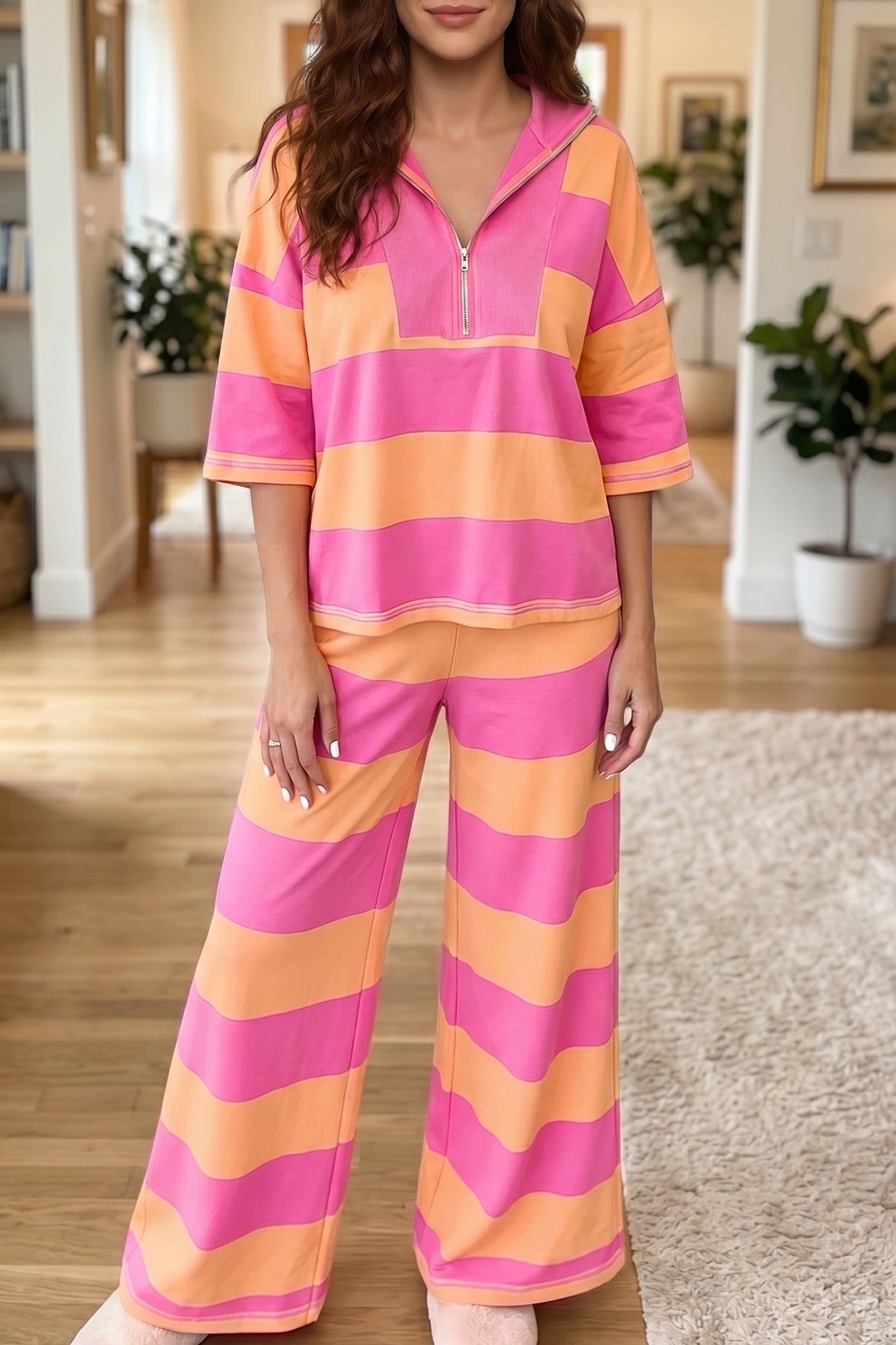Orange Stripe Colorblock Half Sleeve Top & Casual Loose Pants 2pcs Set