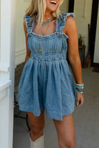 Dusk Blue Frayed Wide Straps Pleated High Waist Cotton Denim Romper