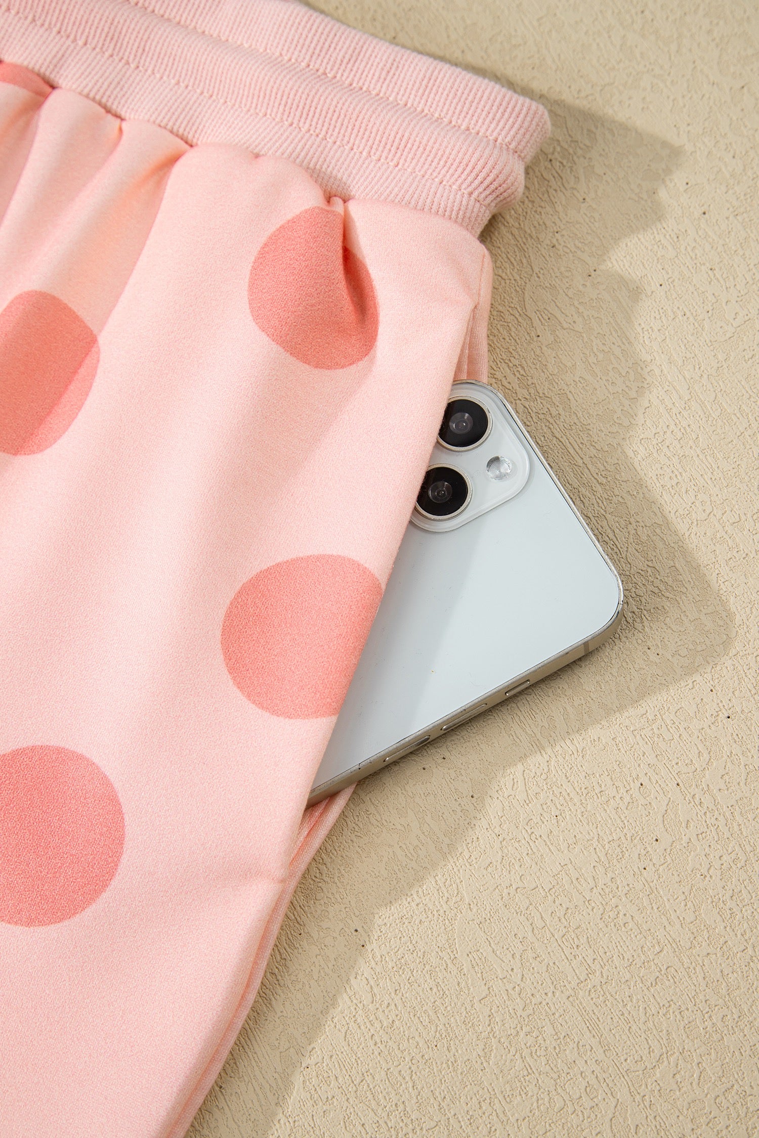 Pink Polka Dot Print Drop Shoulder Pullover Drawstring Shorts Set