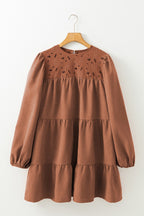 Chestnut Floral Lace Crochet Tiered Ruffled Mini Dress