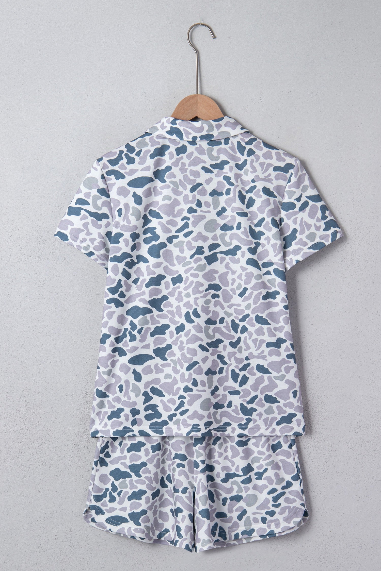 Grey Camo Print Polo Collar Tee & Shorts Set