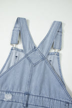 Mist Blue Retro Distressed Button Adjustable Straps Denim Overall Jumpsuit