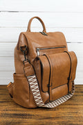 Camel Embroidered Strap Attached Large PU Leather Backpacki