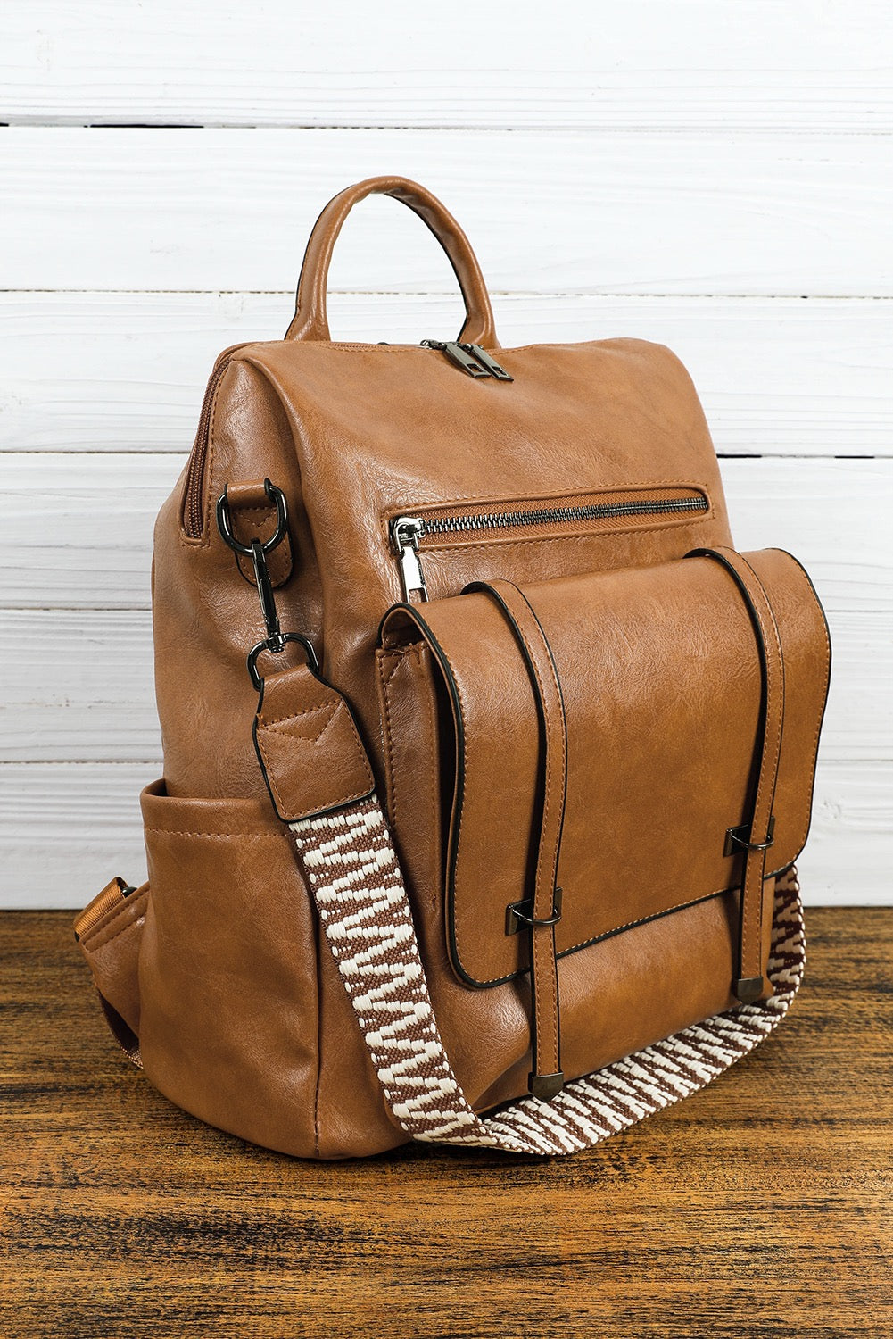 Camel Embroidered Strap Attached Large PU Leather Backpacki