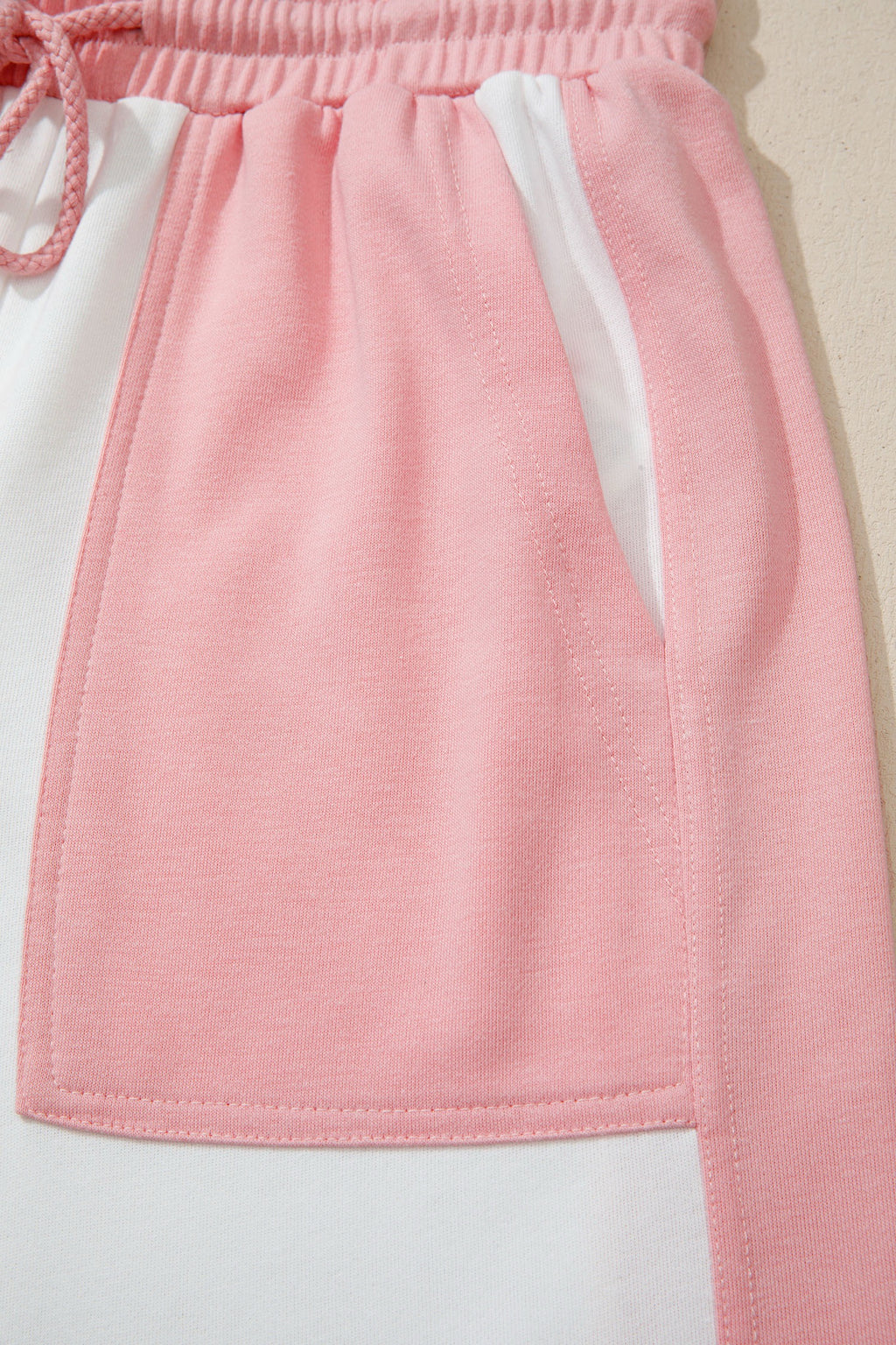 White Two-tone Color Block Patchwork Tee Drawstring Loose Pant Set