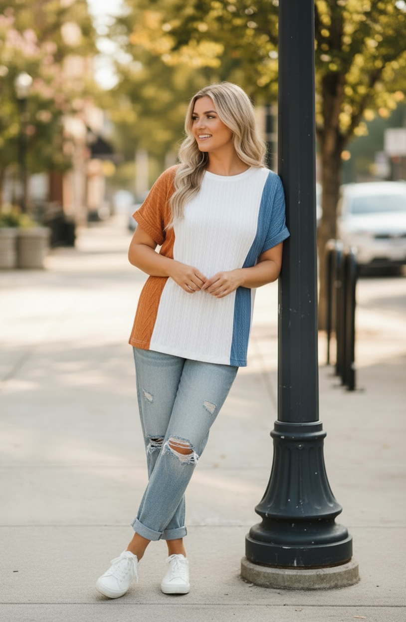 Light Blue Textured Color Block Loose Fit T-Shirt
