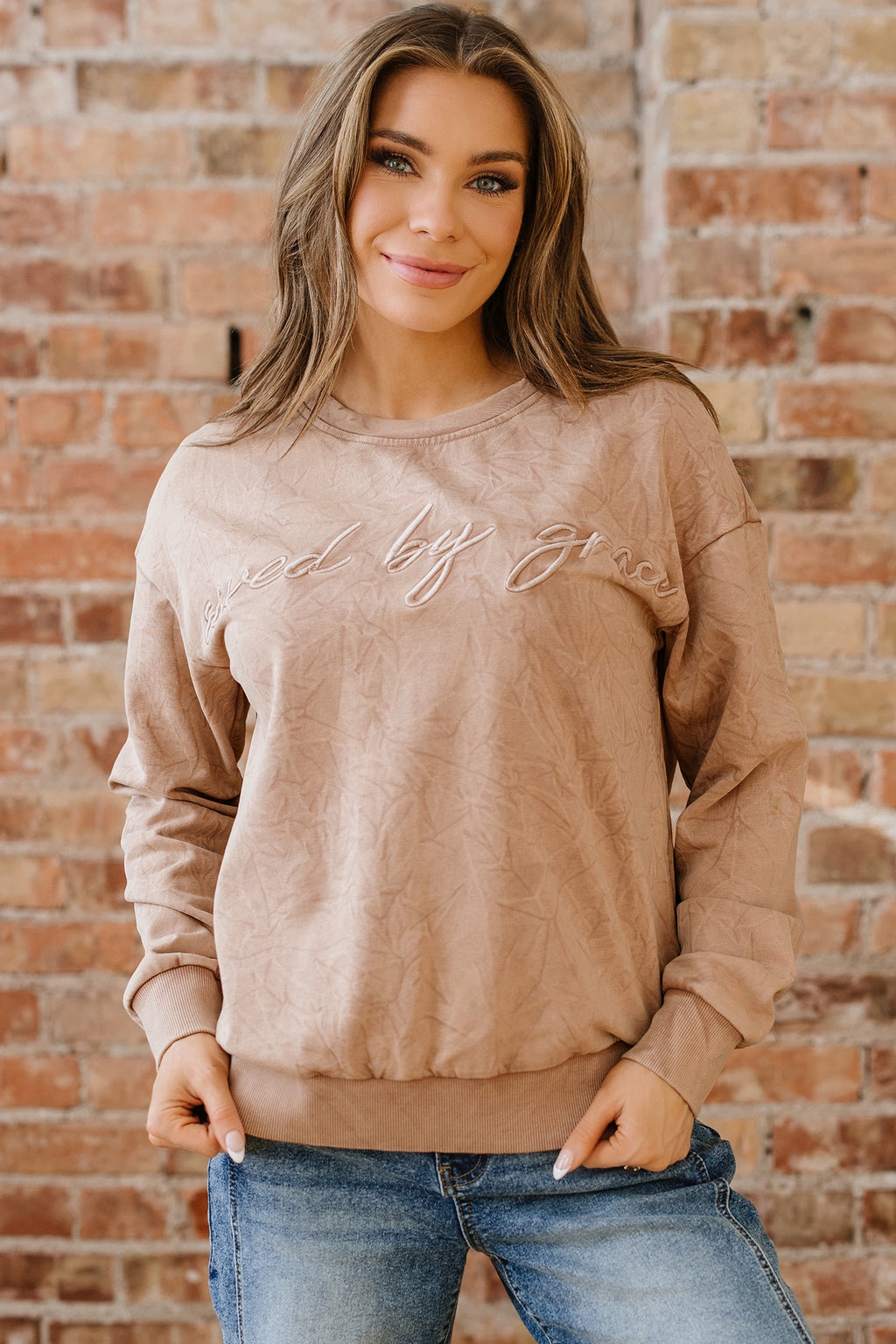 Saved by Grace Letter Embroidery Mineral Wash Sweatshirt