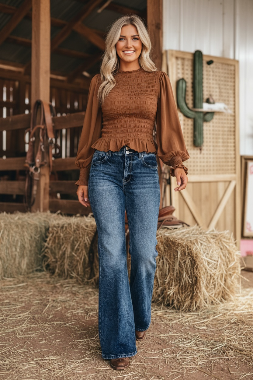 Coffee Solid Color Smocked Ruffle Hem Long Sleeve Blouse
