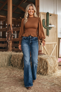 Coffee Solid Color Smocked Ruffle Hem Long Sleeve Blouse