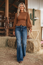 Coffee Solid Color Smocked Ruffle Hem Long Sleeve Blouse