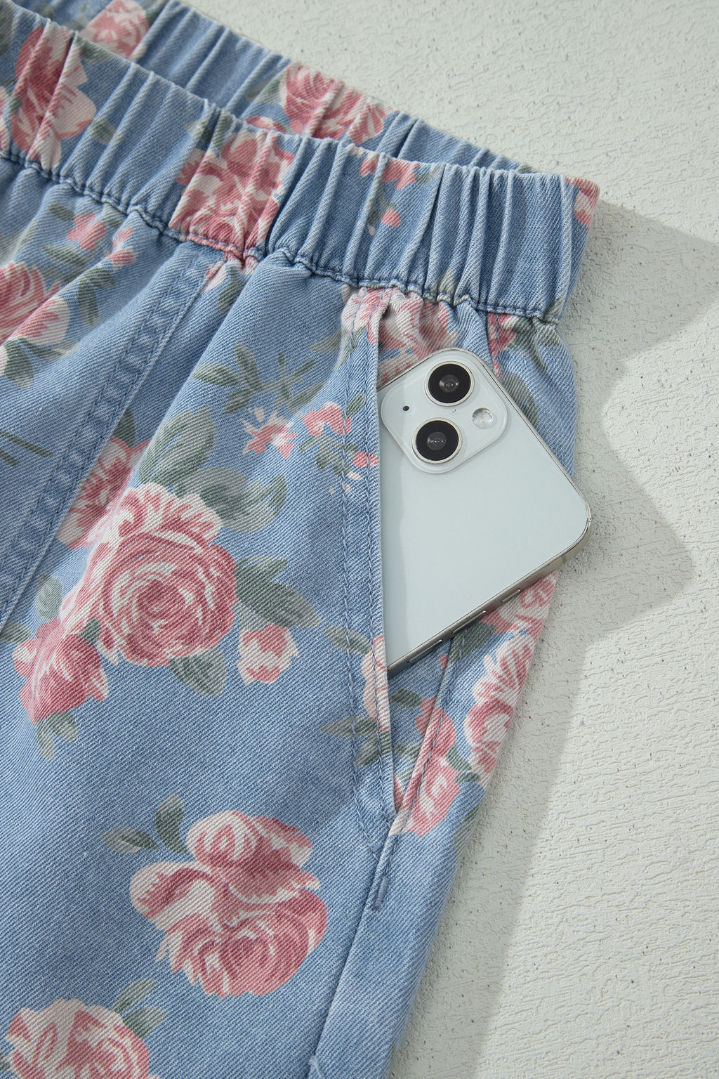 Sky Blue Floral Denim Short Sleeve Top Loose Shorts 2pcs Set