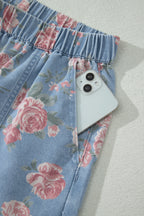 Sky Blue Floral Denim Short Sleeve Top Loose Shorts 2pcs Set
