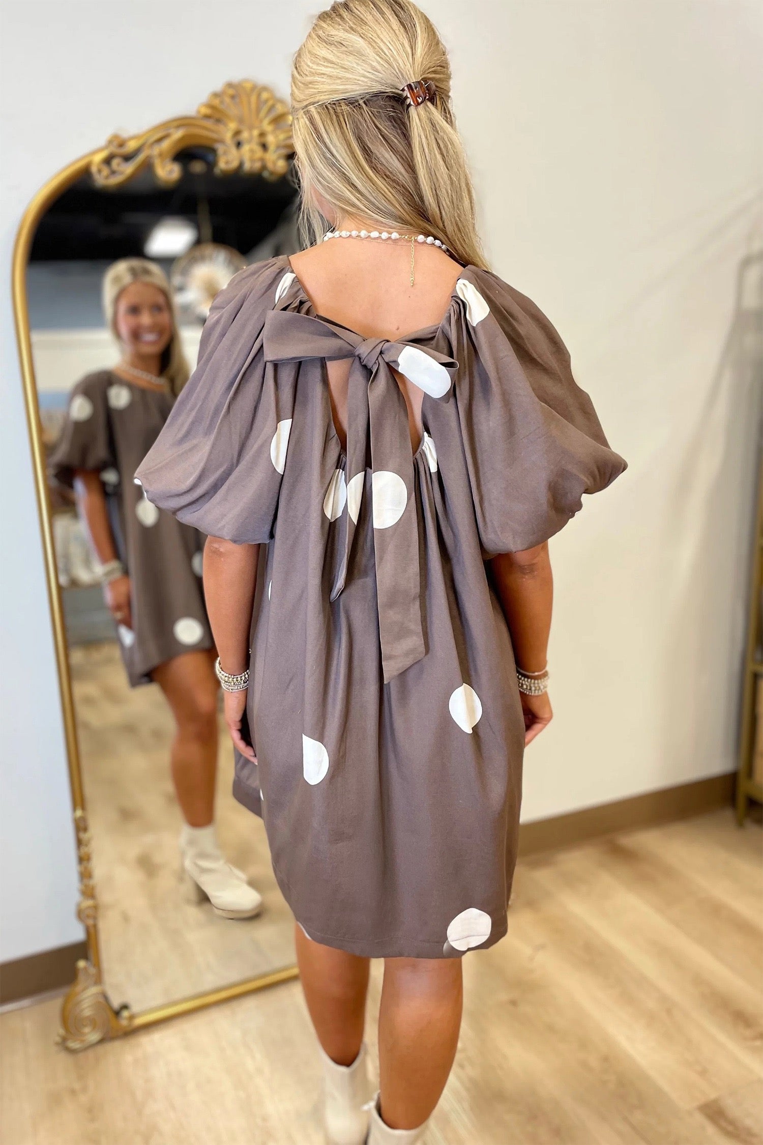 Dotty for You — Knot-Back Puff Sleeve Mini Dress