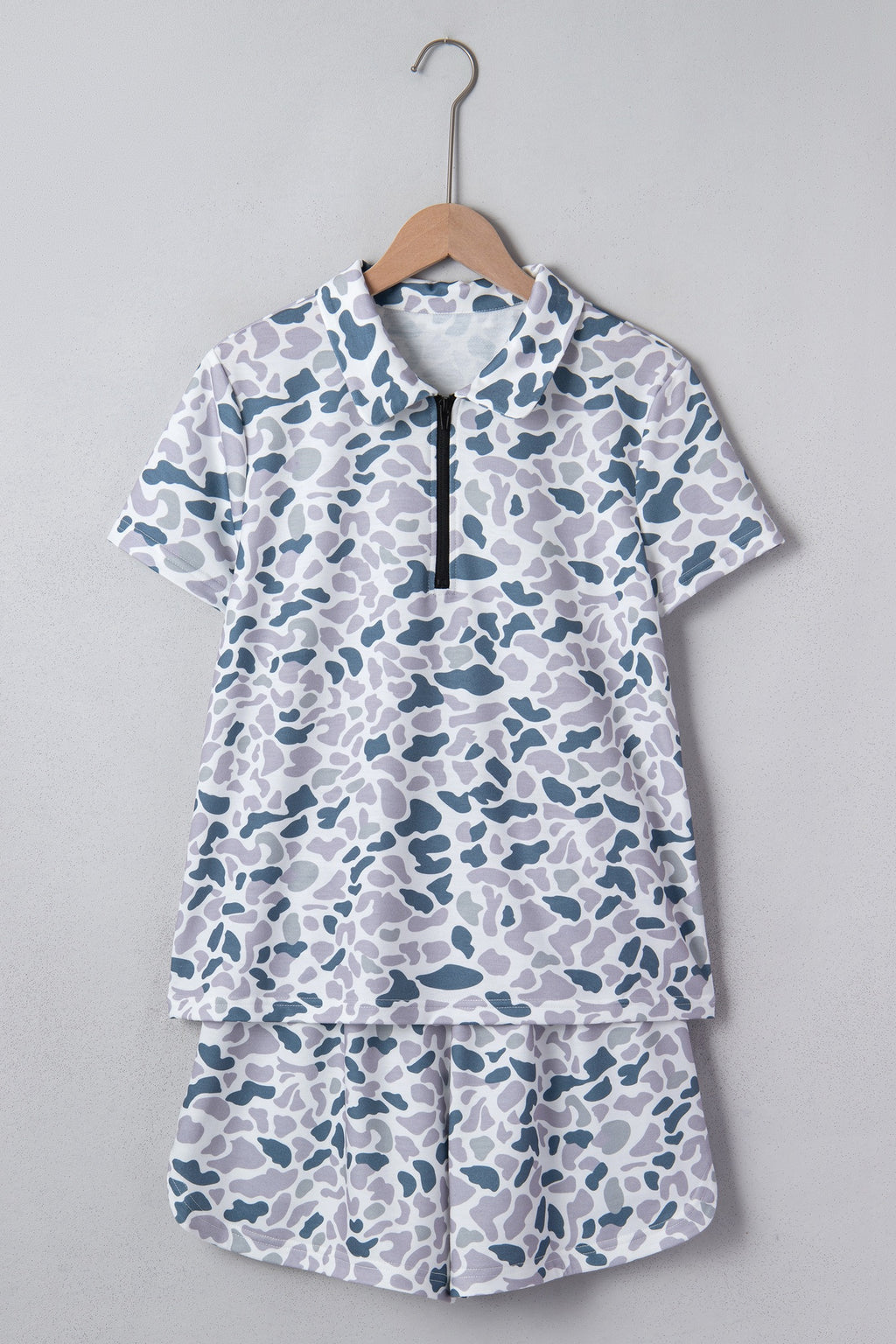 Grey Camo Print Polo Collar Tee & Shorts Set