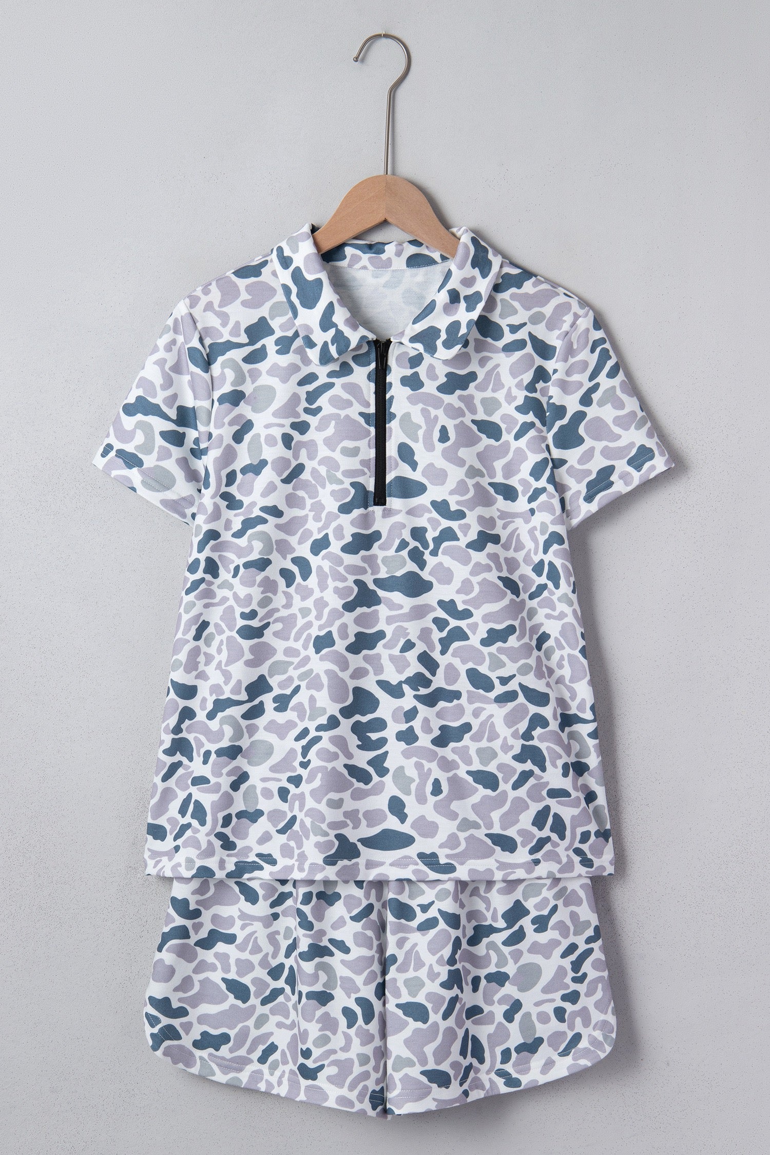 Grey Camo Print Polo Collar Tee & Shorts Set