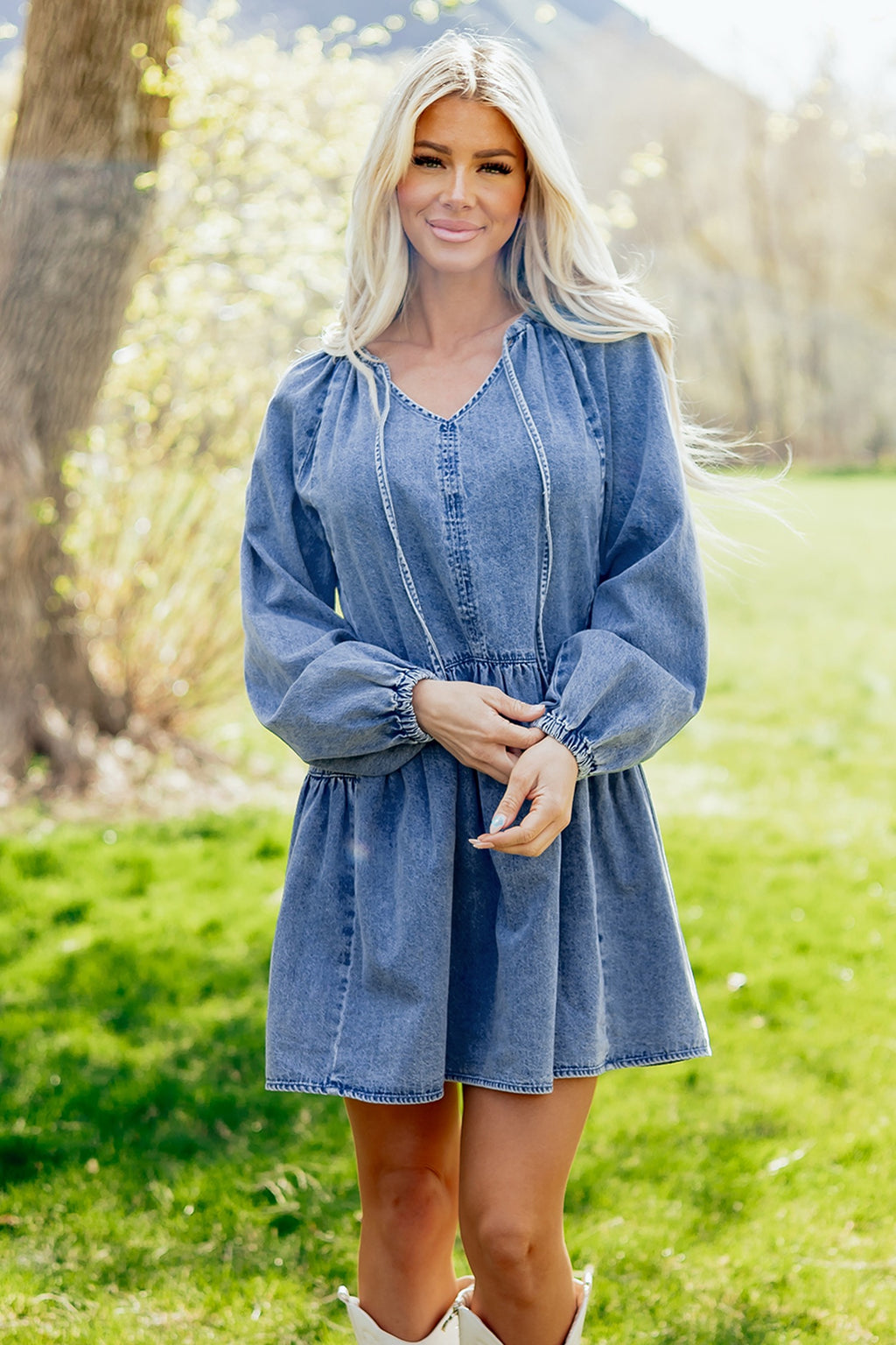 Myosotis Puff Sleeve V-Neck Ruffled Loose Denim Mini Dress