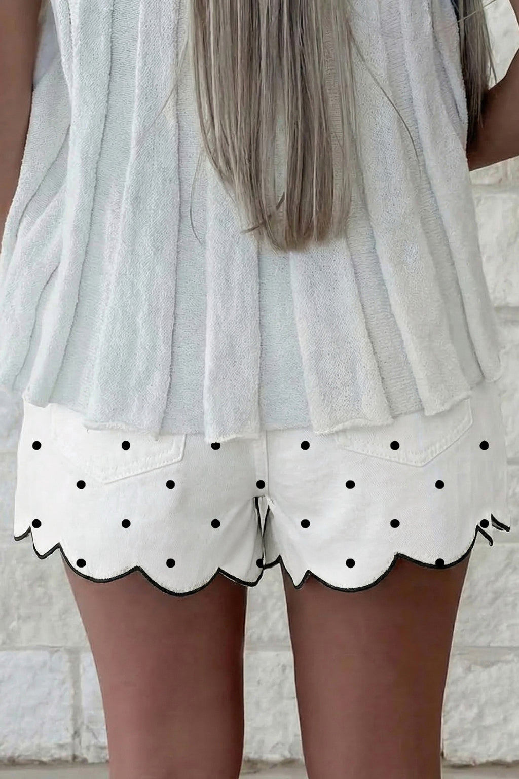 Hem Shorts White Polka Dot Print Embroidered Scallop
