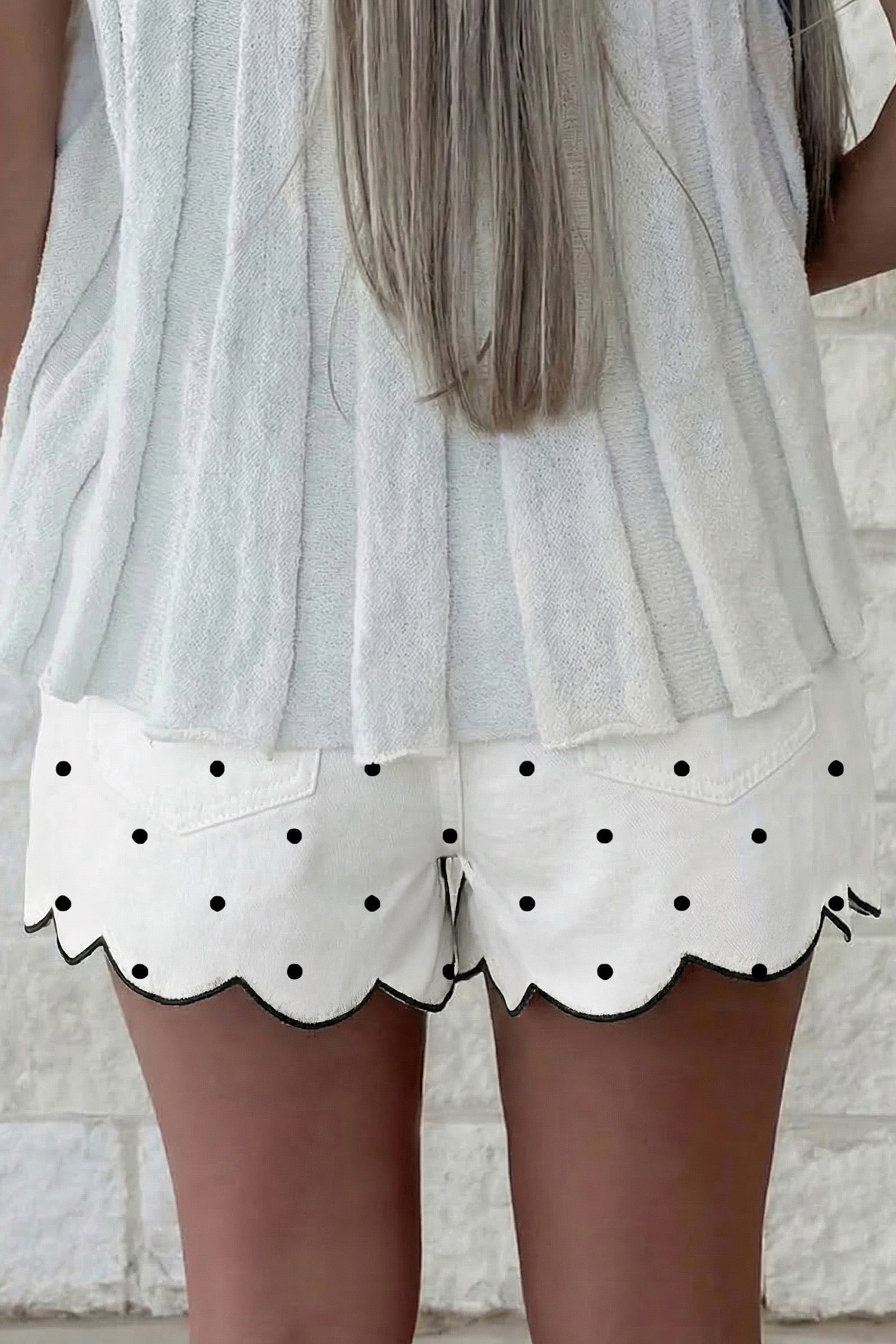 Hem Shorts White Polka Dot Print Embroidered Scallop