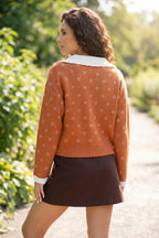 Russet Orange Peter Pan Collar Colorblock Long Sleeve Knitwear Cardigan