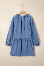 Myosotis Puff Sleeve V-Neck Ruffled Loose Denim Mini Dress