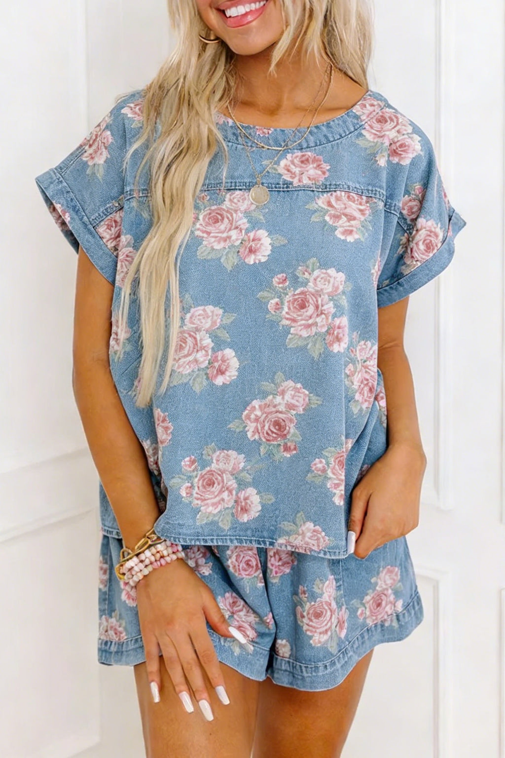 Floral Denim Short Set – Sky Blue