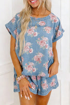 Floral Denim Short Set – Sky Blue