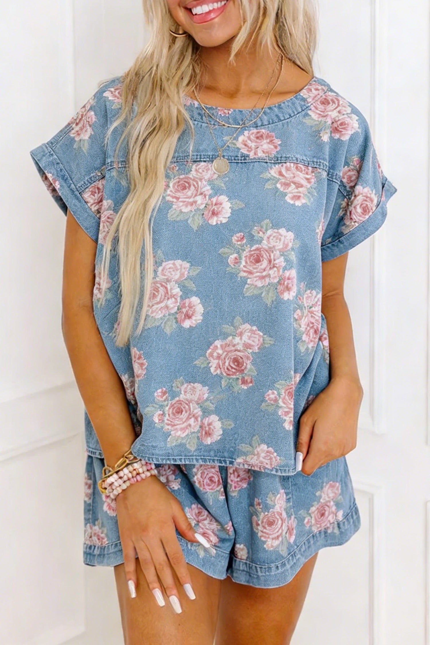 Floral Denim Short Set – Sky Blue