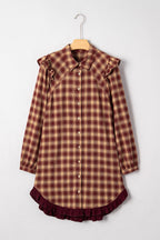 Red Plaid Print Ruffled Long Sleeve Patchwork Hem Mini Shirt Dress