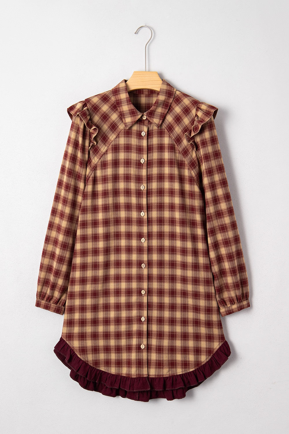 Red Plaid Print Ruffled Long Sleeve Patchwork Hem Mini Shirt Dress