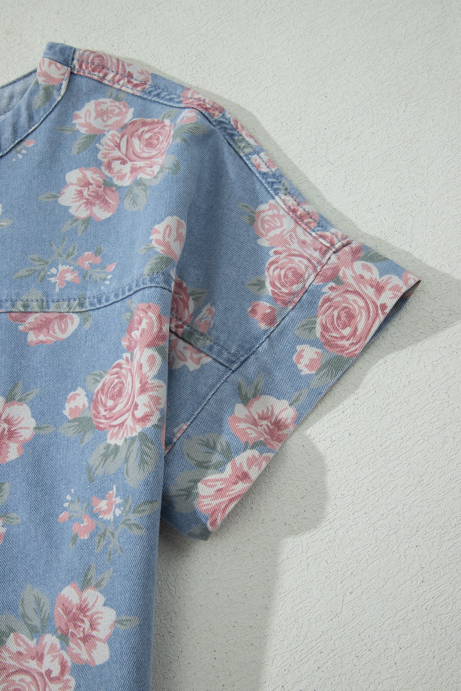 Sky Blue Floral Denim Short Sleeve Top Loose Shorts 2pcs Set