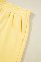Yellow Color Block Patchwork Half Button Pullover and Shorts 2pcs Outfit